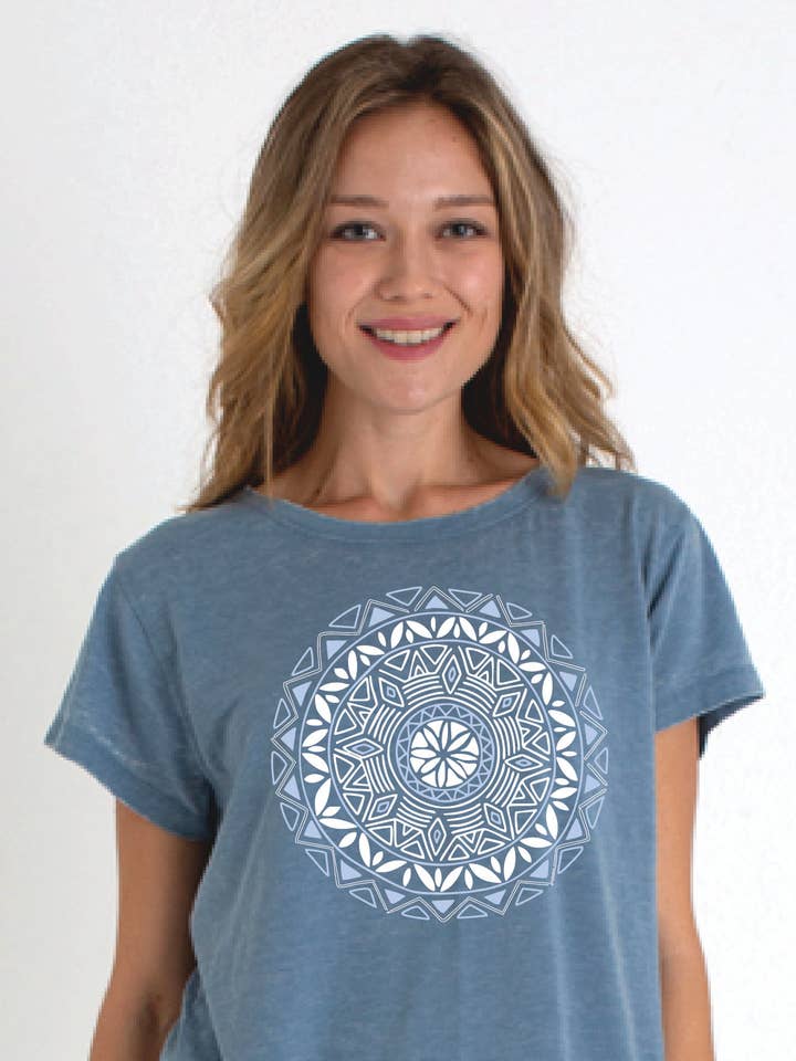Ethnic Mandala Women's Boxy Scoop Neck Tee in Denim for wholesale by Ancient Language 97