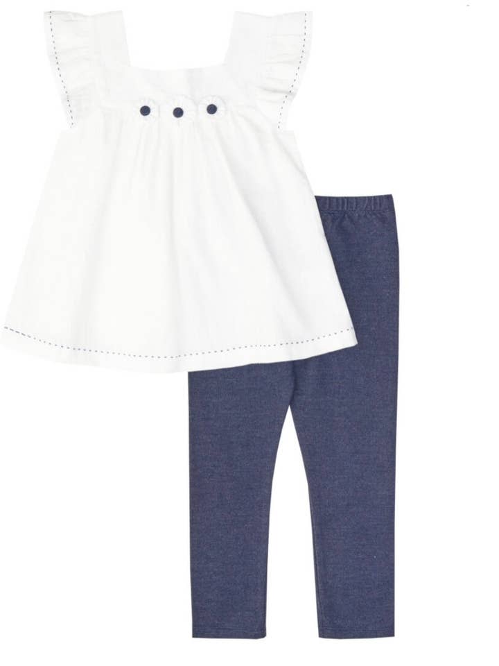 Aplique Flor Top Branco & Marinho + Leggings por atacado de Smocked Bebe
