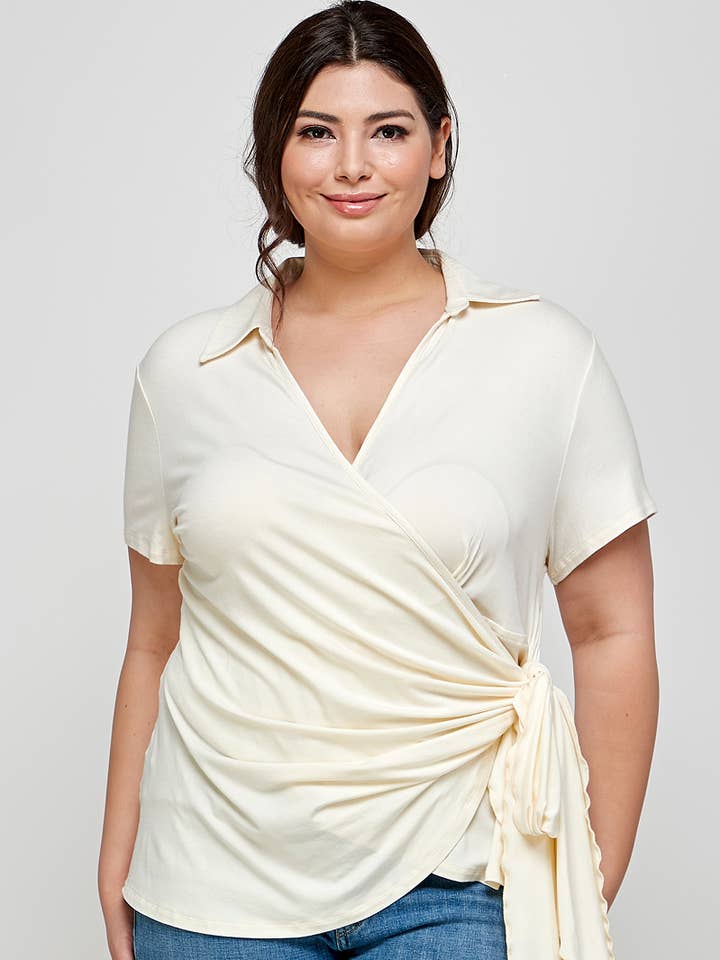 Plus Size Knit Shirt Wrap Top With Tie - SS2316P-T for wholesale by Haute Fox Plus Size & Contemporary