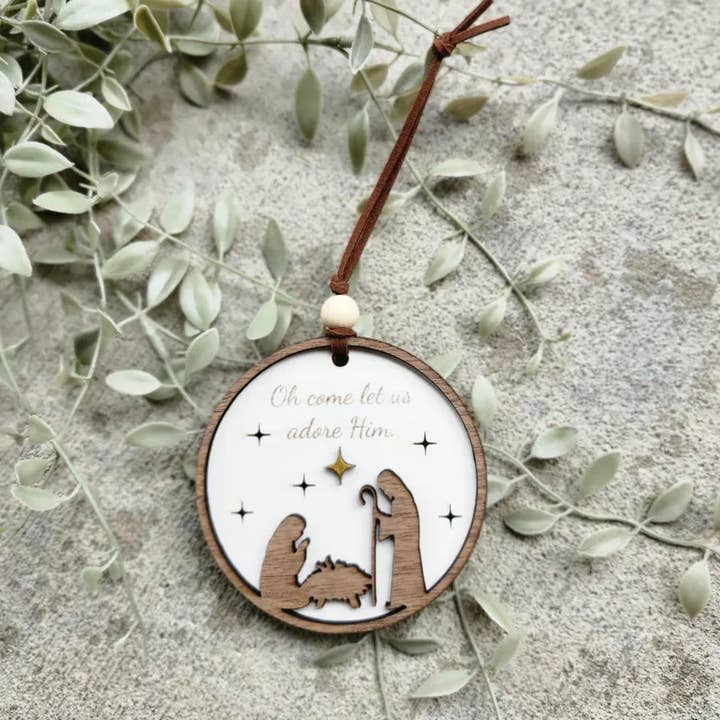 Nativity Christmas Ornament: Engraved Holy Family, Rustic for wholesale by All the Things MN