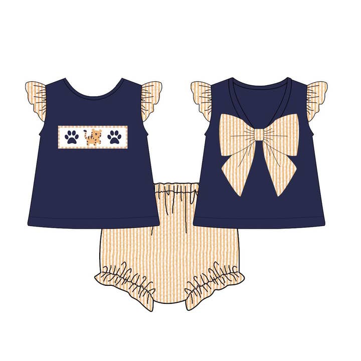Collegiate Seersucker Girl Diaper Set - Navy Stripe Tiger for wholesale by Little Peas