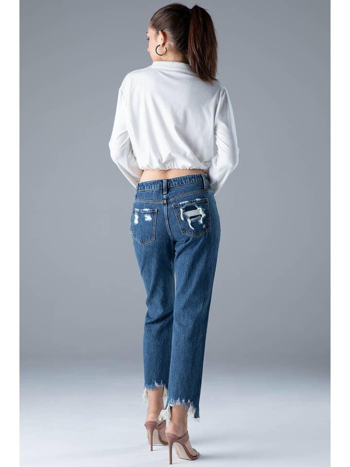 Ceros Jeans - Vente Jean – femme - Jeans en jean droit taille moyenne haute Distress pour femmes5