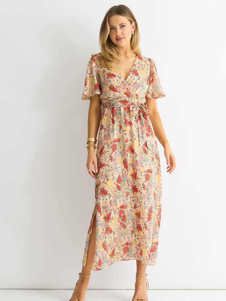 Meerbloemige Jacquard Chiffon Midi Jurk voor wholesale door GINI LONDON