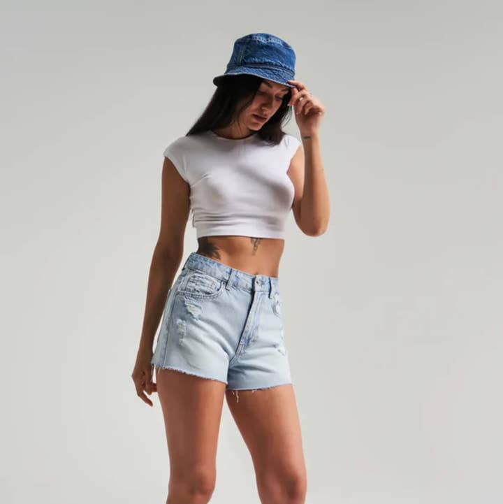 Blue Raw Hem Denim Shorts for wholesale on Faire0