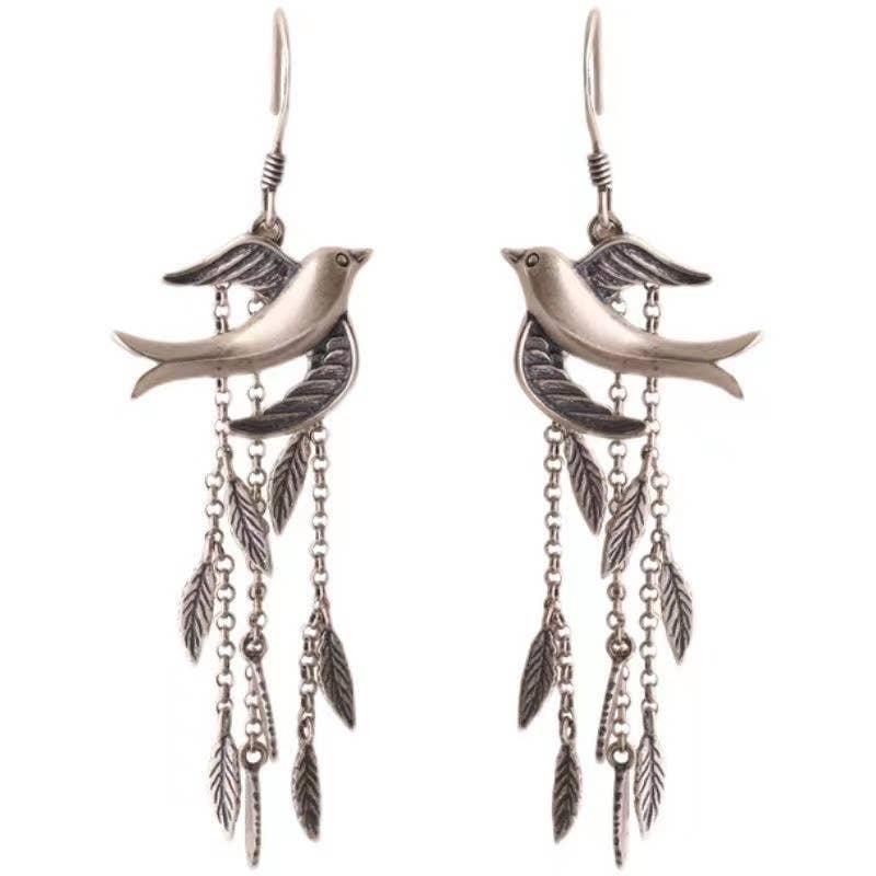 Silver Willow Leaf Swallow Tassel Long Earrings for wholesale on Faire5
