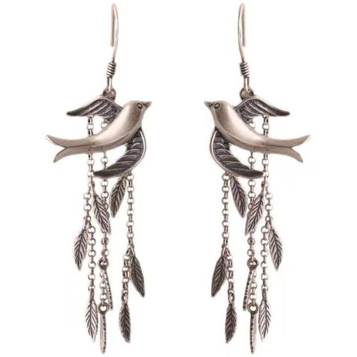 Silver Willow Leaf Swallow Tassel Long Earrings for wholesale on Faire5