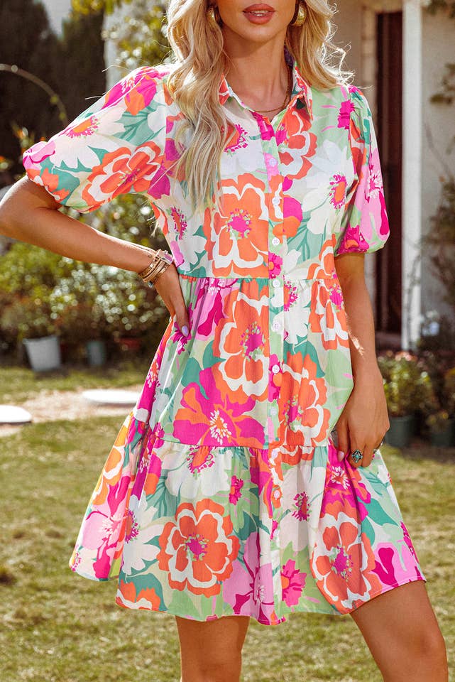 fashionworks - Wholesale Dress - Women's - Fashion-W Floral Short Sleeve Buttoned Babydoll Dress6