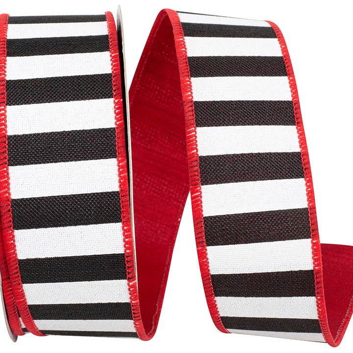 Cabana Stripe Dupioni Backing Wired Edge, Black/white/red for wholesale by RELIANT RIBBON