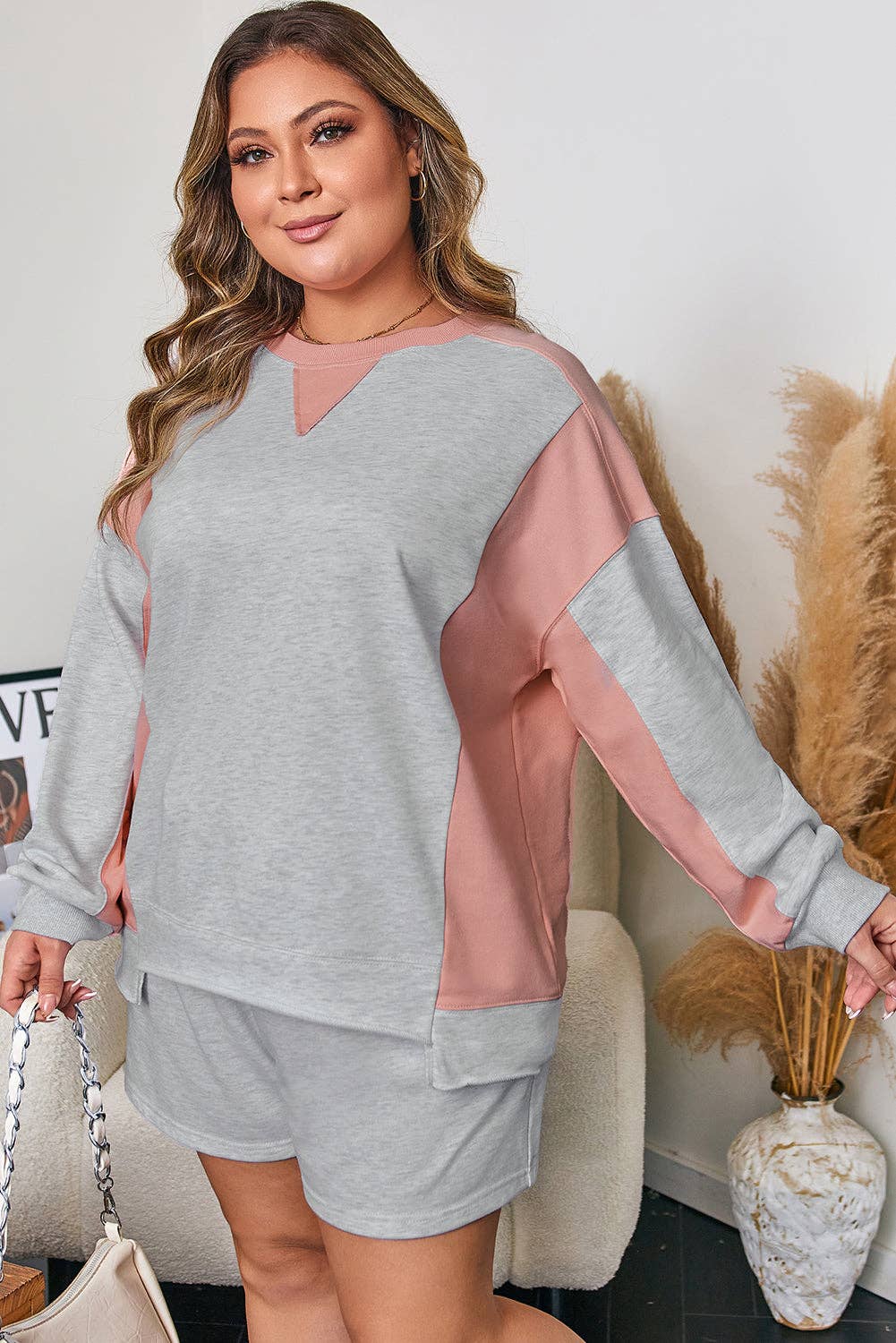 Light Grey Uneven Hem Colorblock Pullover Casual Shorts Plus Size 2pcs Outfit for wholesale on Faire2