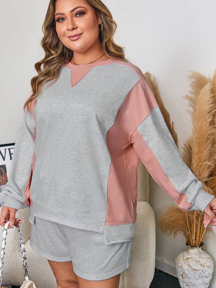 Light Grey Uneven Hem Colorblock Pullover Casual Shorts Plus Size 2pcs Outfit for wholesale on Faire2