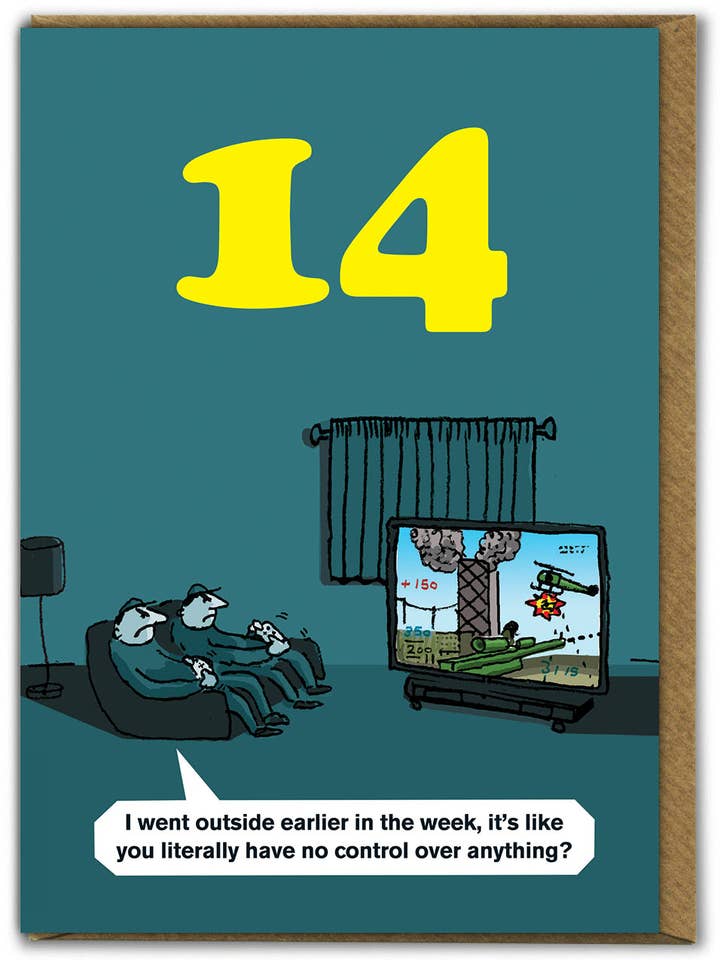 Divertida tarjeta de felicitación para jugadores de 14 cumpleaños de Modern Toss para venta al por mayor de Brainbox Candy