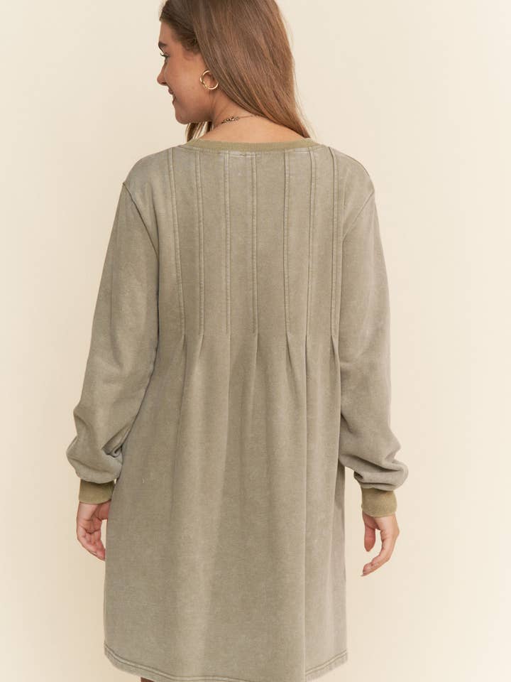 Moss Green Pleated Round Neck Long Sleeve Sweater Dress for wholesale on Faire6
