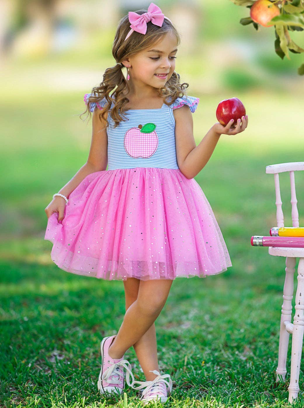 Pink Cap-Sleeve Apple Applique Dress w/ Tulle Sequin Tutu for wholesale on Faire2