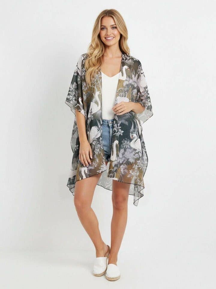 JC091727 Black-White Swan & Floral Kimono/Cover-Up for wholesale by JC Sunny Fashion