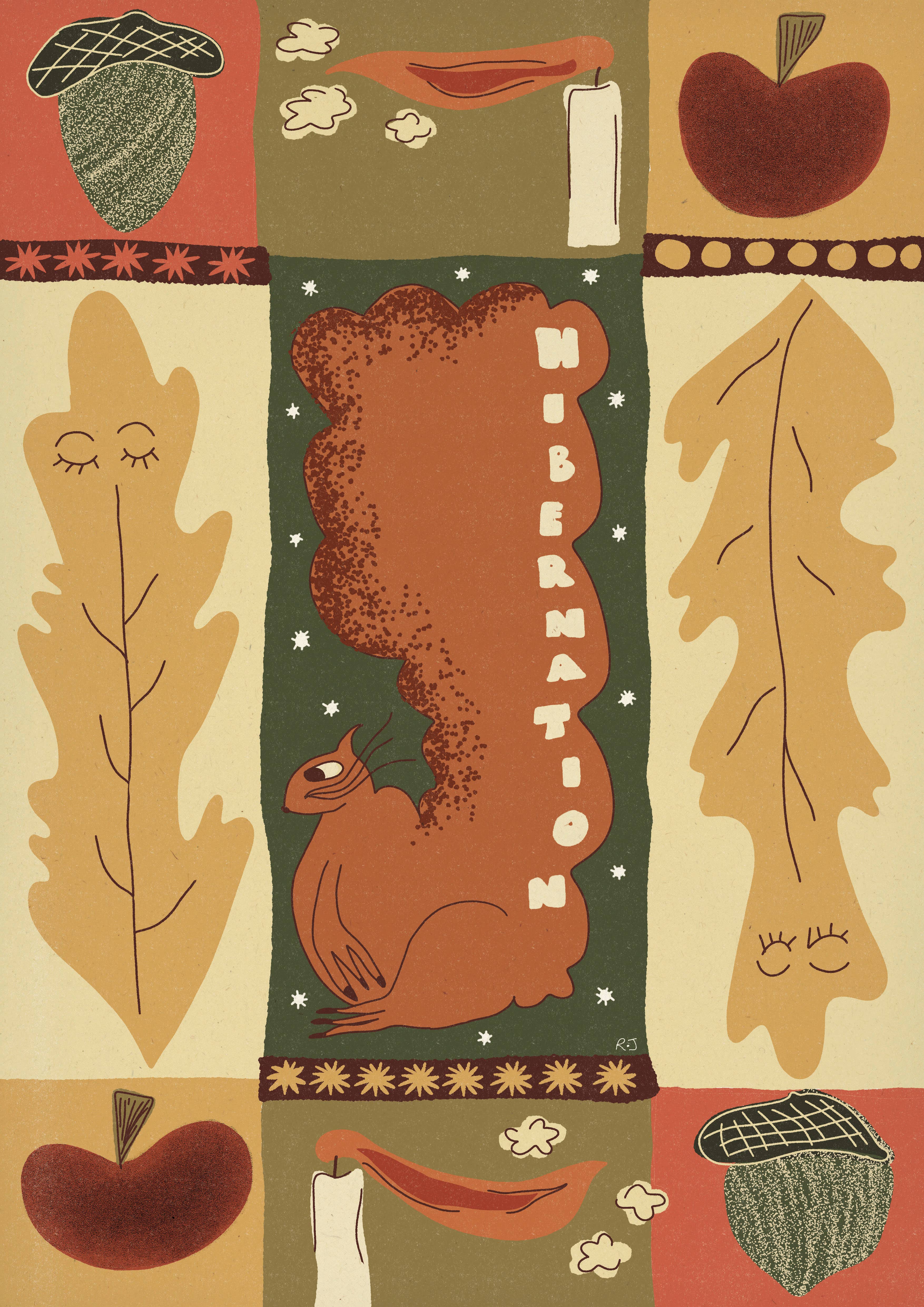 Rebecca Joy Ltd - Vente Affiche d'art - 'Hibernation' | Automne | Citrouille | Écureuil | Folklorique | Imprimé de bougie2