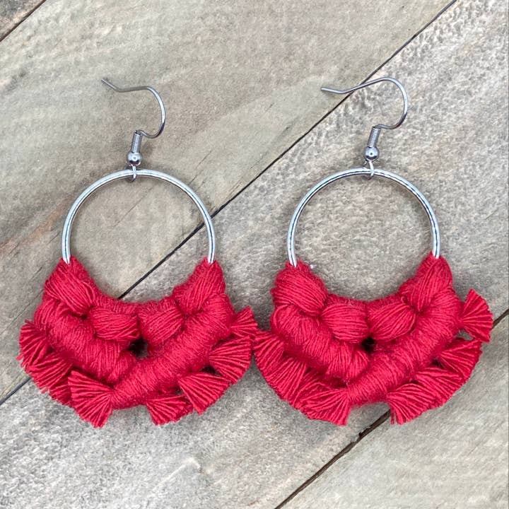 Small Knotted Fringe Earrings - Bright Red & Silver for wholesale by HK Macrame Jewelry