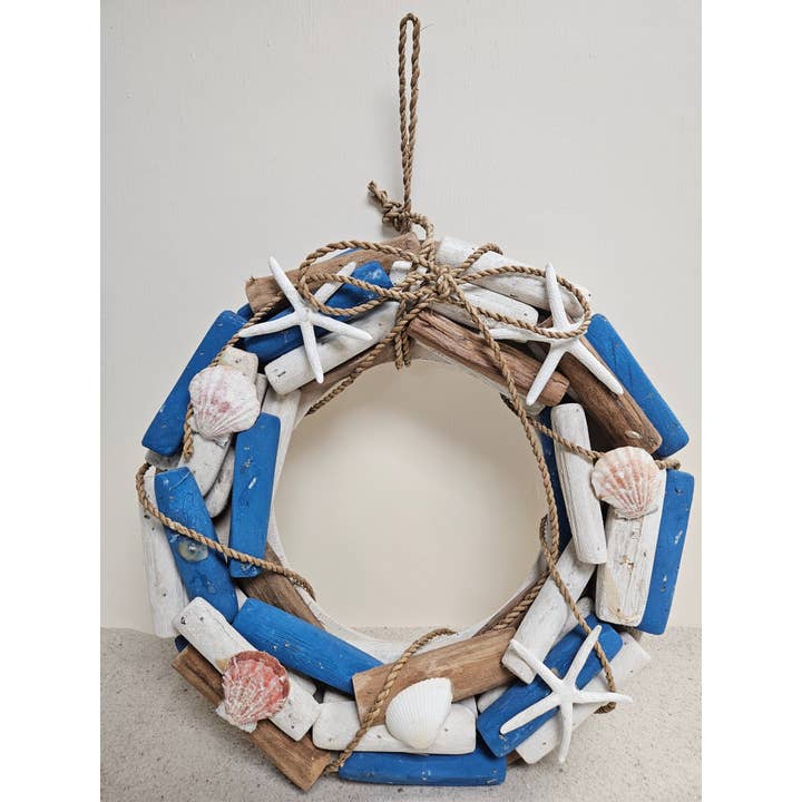 WOOD WREATH BLUE/WHITE 13" for wholesale by Darlene's Shells
