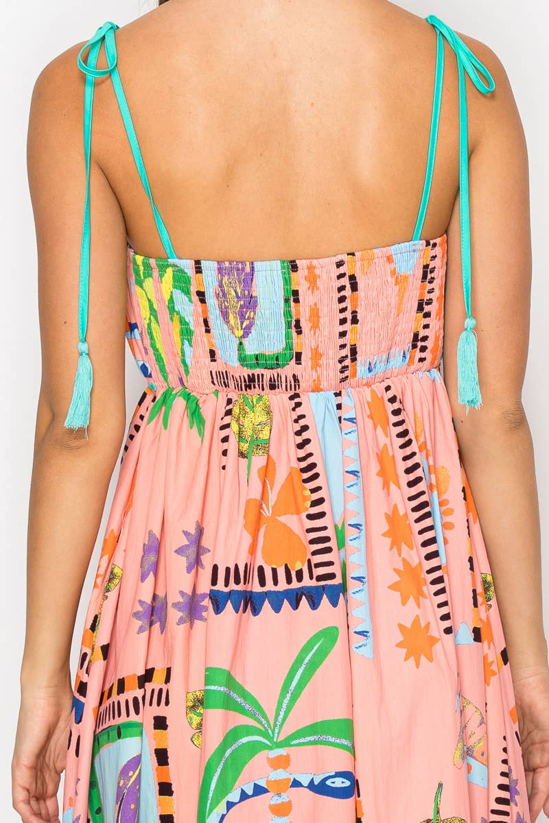 LoveWednesday - Wholesale Dress - Women's - Coral Retro Tropical Print Cotton Maxi Dress - LWD28999