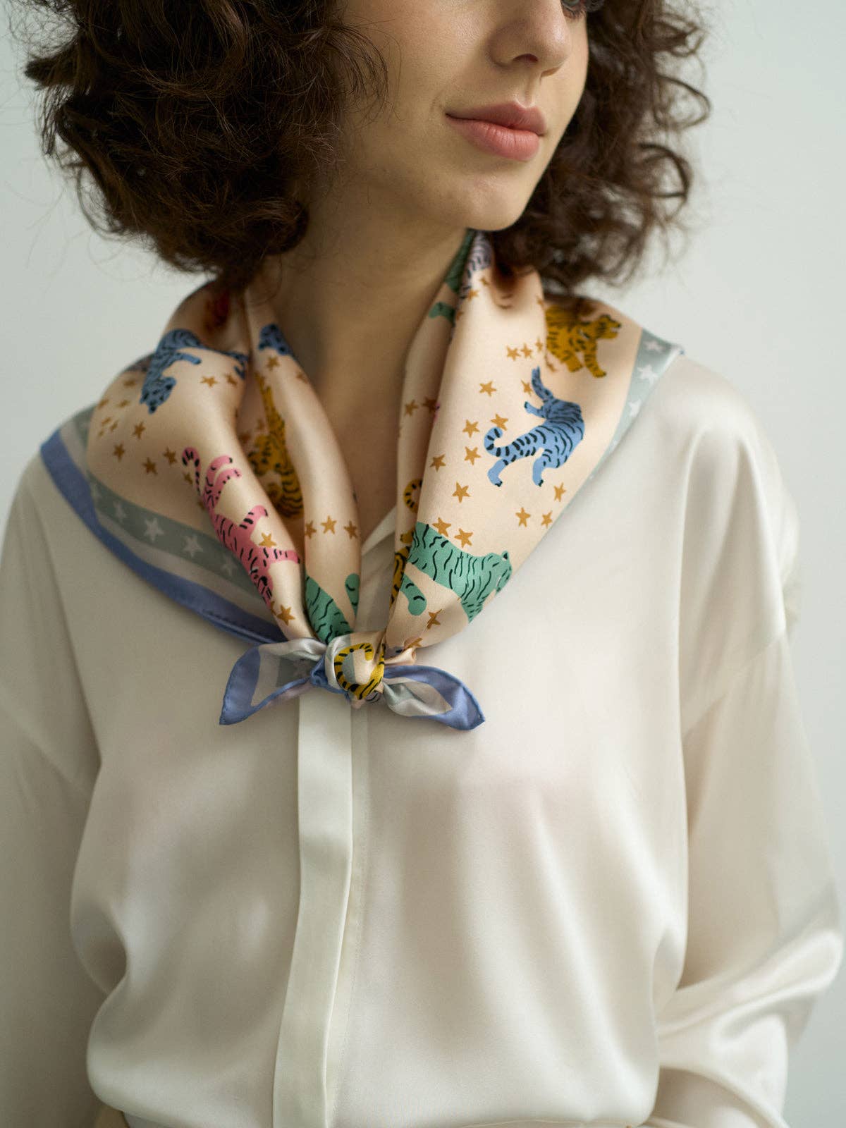 Dusty Blue "Neon Tigers" Silk Bandana Scarf for wholesale on Faire1