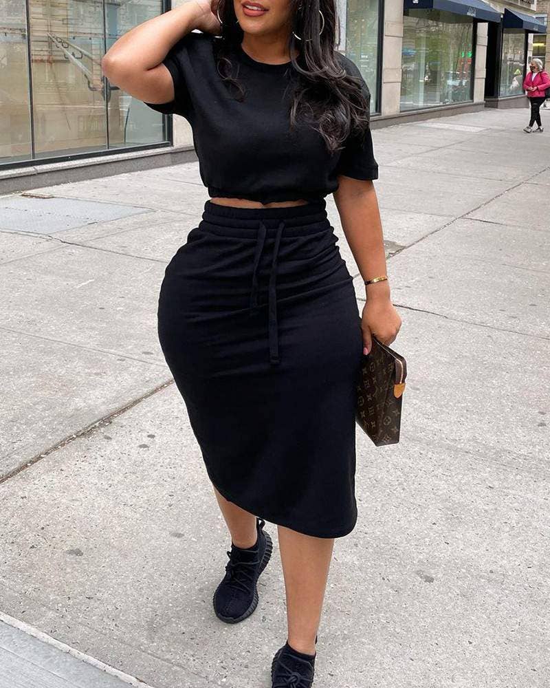 Fashion Combination - Vente Ensemble haut et jupe - Femme - ensemble jupe fendue avec haut court uni5