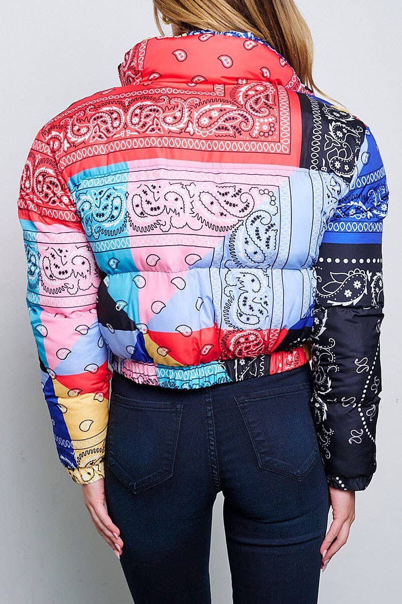 ZIP UP FRONT POCKETS PUFFER MULTI PRINT JACKET for wholesale on Faire1
