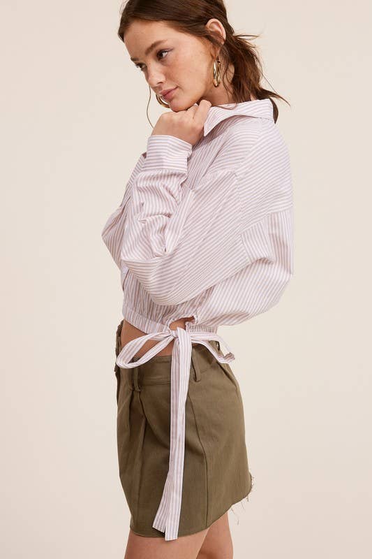 Beige Stripe Soft Cotton Side Tie Button-down Shirt for wholesale on Faire3