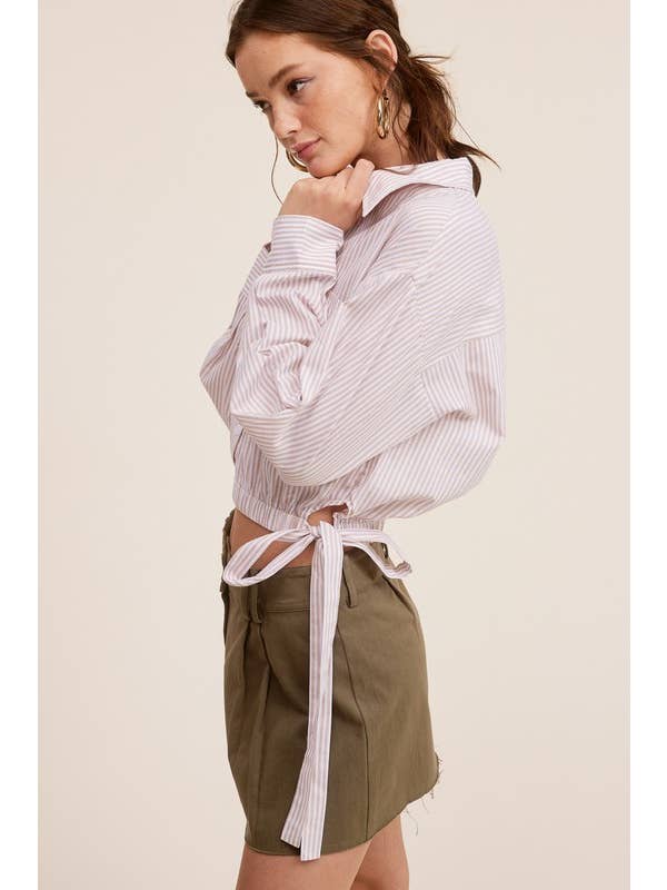 Beige Stripe Soft Cotton Side Tie Button-down Shirt for wholesale on Faire3