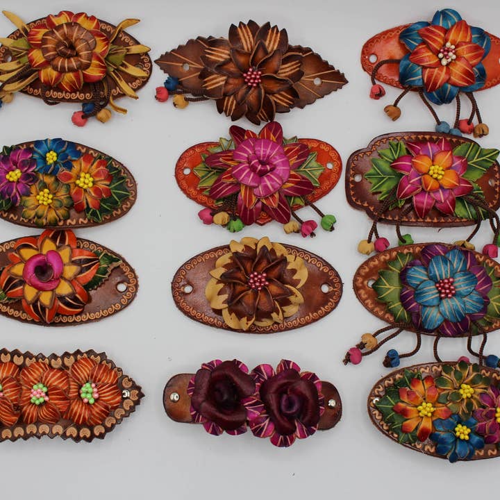 Sunflower Handmade leather inc - Wholesale Barrette - Women's - as0003-2 6 pcs woodstick and 6 pcs metal leather barrettes1
