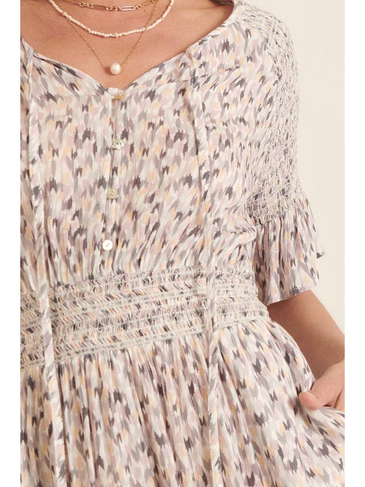 Grey Lavender Abstract-Print Ruffle Smocked-Sleeve Pocket Romper for wholesale on Faire