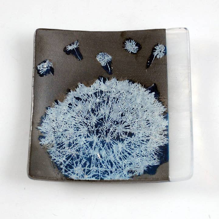 Dandelion Fused Glass 4.5" Catch-all Dish for wholesale by Kiku Handmade | Contemporary Fused Glass Home Goods