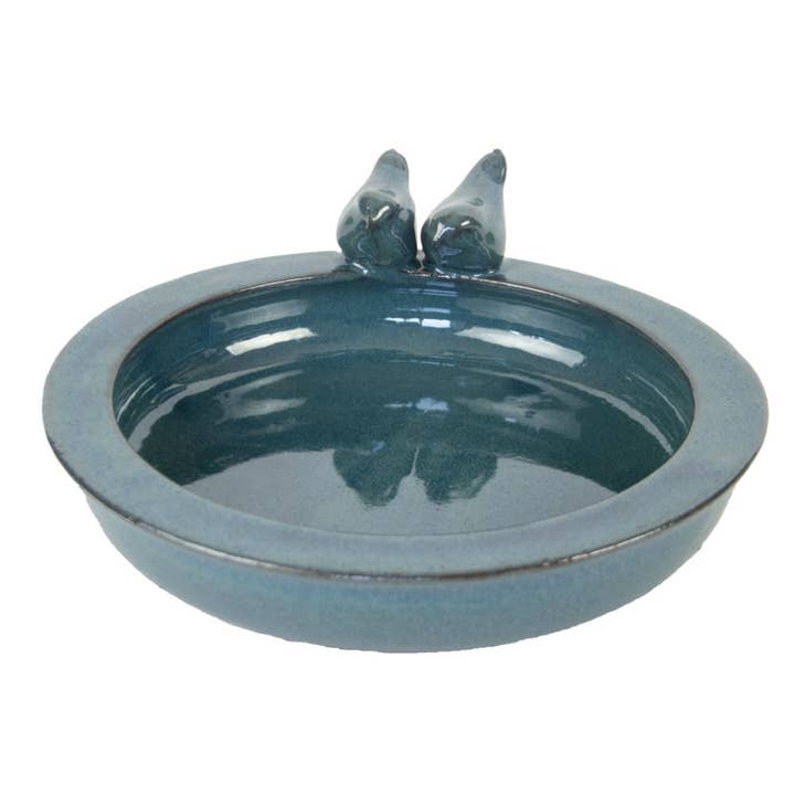 Esschert Design USA - Wholesale Bird Bath - Round Bird Bath w/Birds, Ceramic, Petrol - Medium