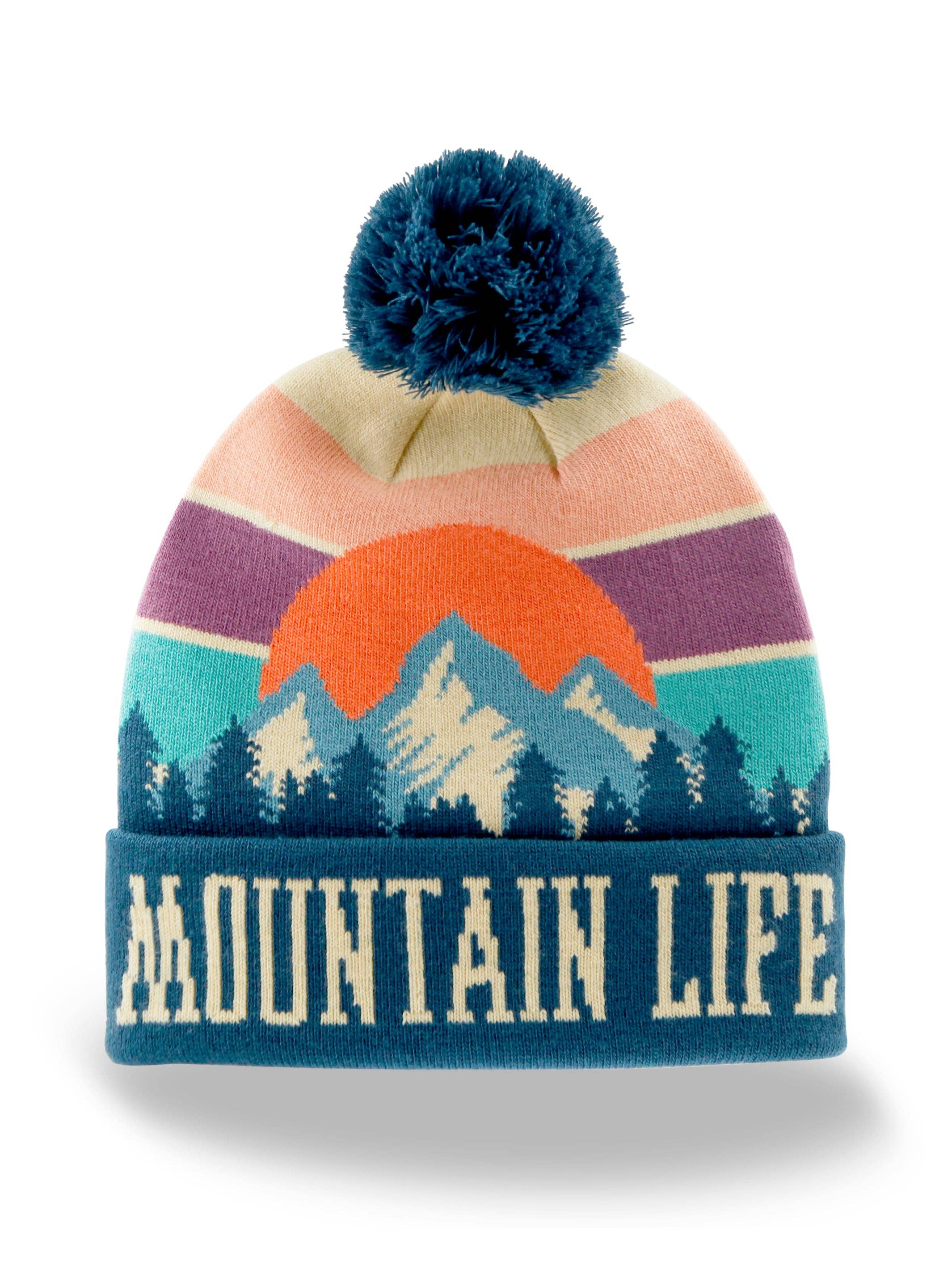 Northern Icons Creations INC - Vente Échantillon pour commerçant – vêtements unisexes - Bonnet en tricot Mountain Life avec pompon, chapeau d'hiver pour la randonnée, le camping et les activités de plein air.3