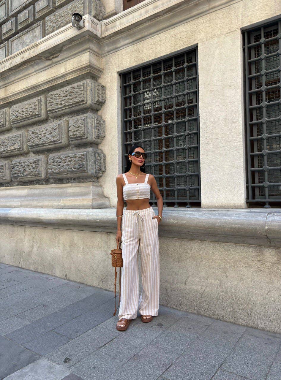 Design company-Fatma Balkir - Vendita all'ingrosso Completo top e pantaloni (NON loungewear) - Donna - Completo in lino - top corto a righe e pantaloni ampi20