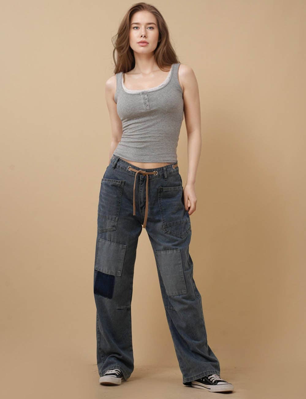 Blue Ladies String Tie Jeans Demin Splice Straight Leg Pants 8SKP50370 for wholesale on Faire2