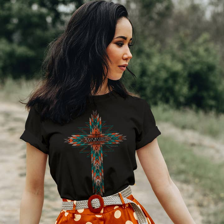 Black grace & truth Womens T-Shirt Southwestern Cross for wholesale on Faire