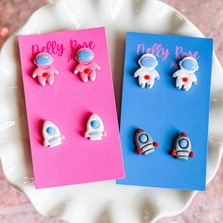 Astronaut and Rocket Earrings | Space | Clay Studs for wholesale by Nelly Rose Jewelry