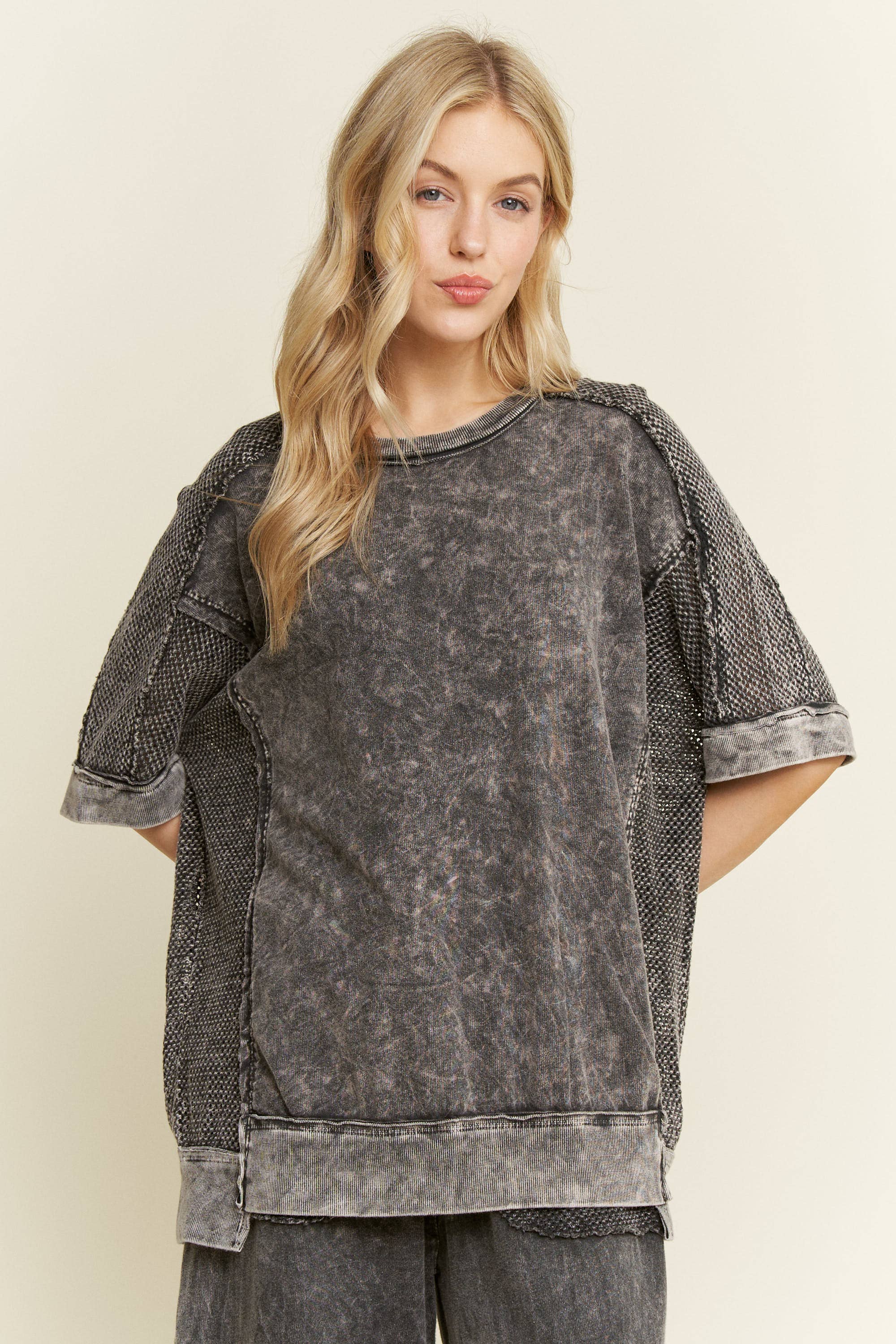 J.Her – wholesale T-shirt – women's – MineralWashed Open Mesh Tshirt HT63332