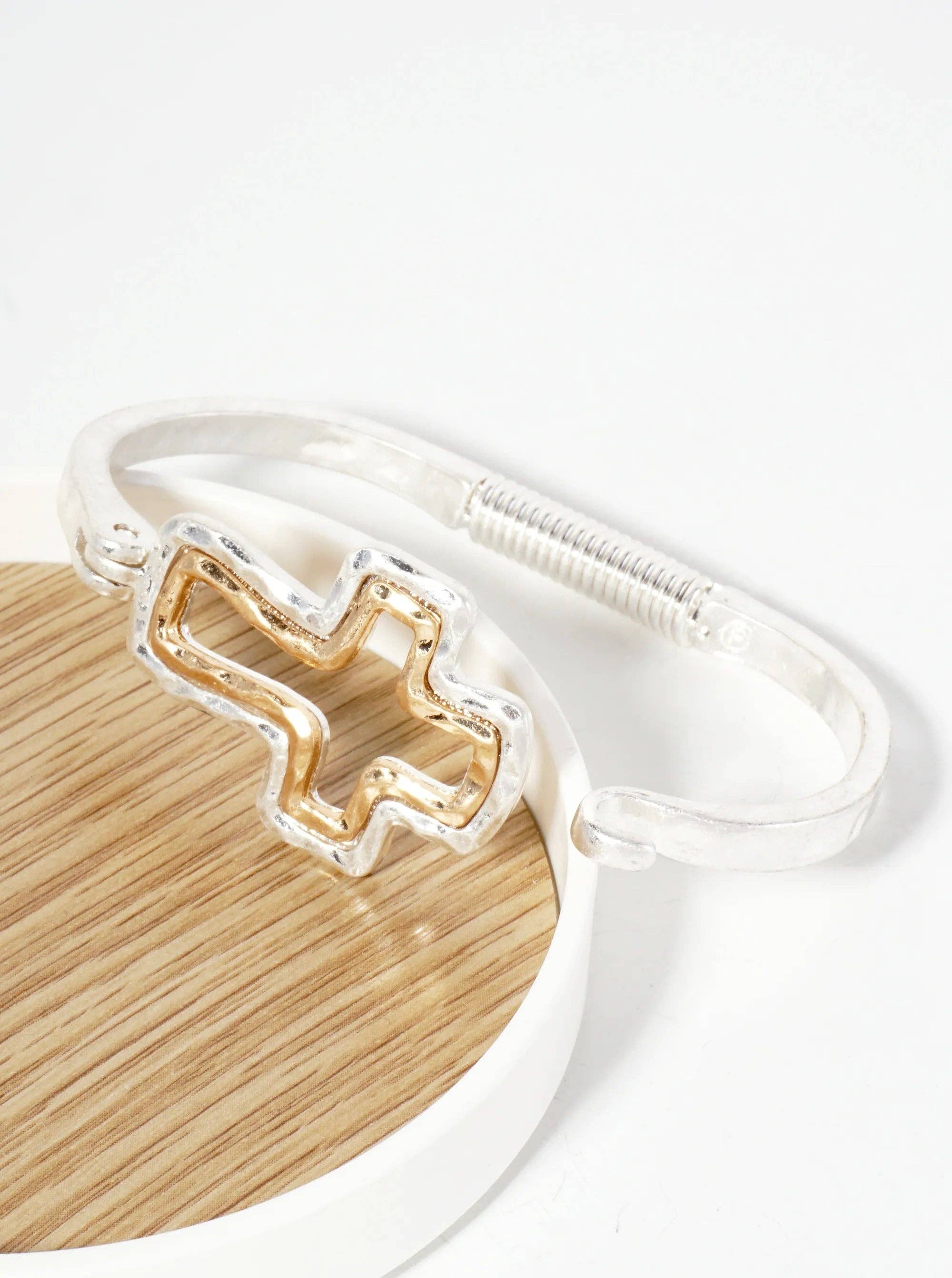 Wild Honey - Wholesale Bangle Bracelet - Hammered-Texture Metal Dual-Tone Cross-Shaped Hook-Clasp Hinged Bracelet5