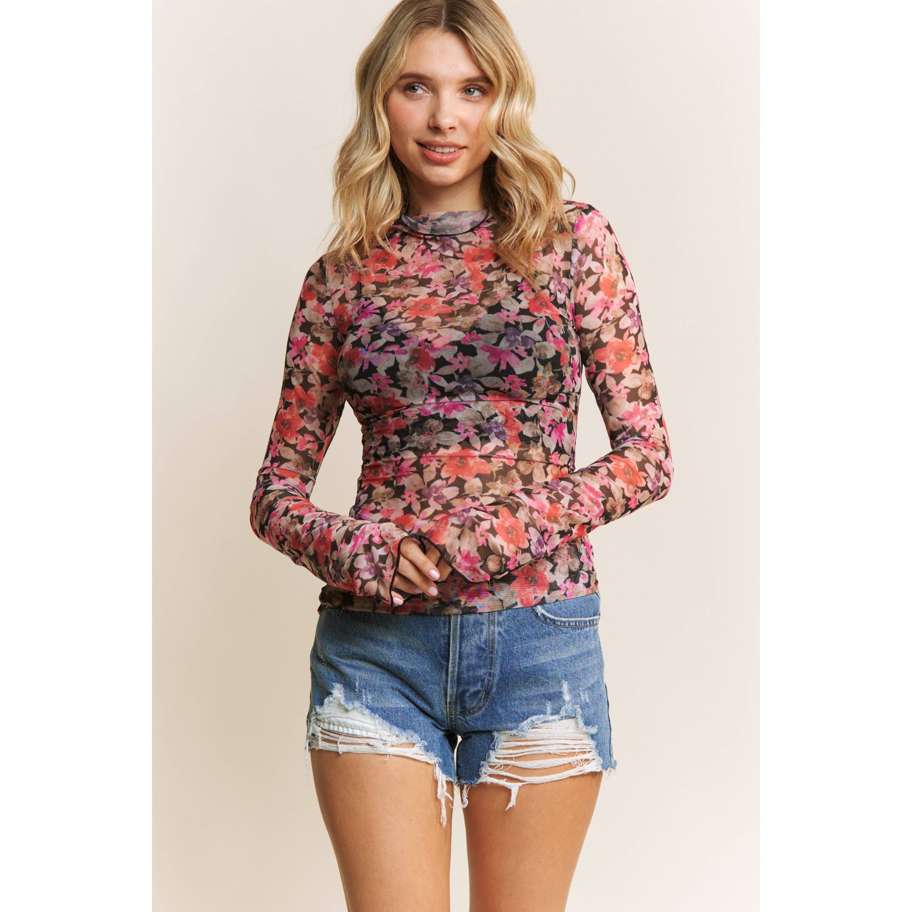 Sweet Generis - Wholesale Knit Top - Women's - CUTE FLORAL PRINT MESH HIGH NECK DESIGN LONG SLEEVE FITTED T16