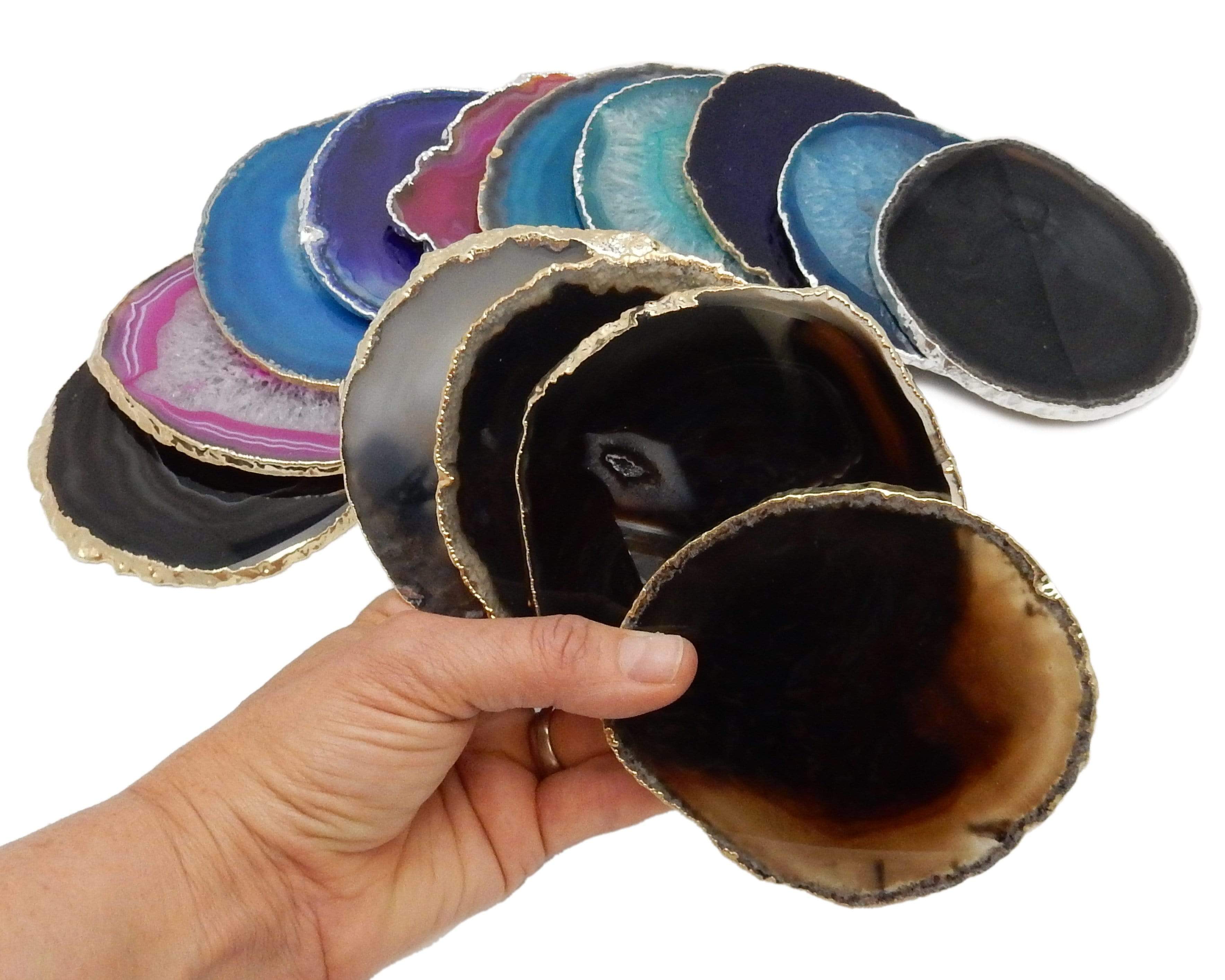 Rock Paradise - Wholesale Coasters - Set of 4 Agate Crystal Coasters Gold /Silver Electroplated 10