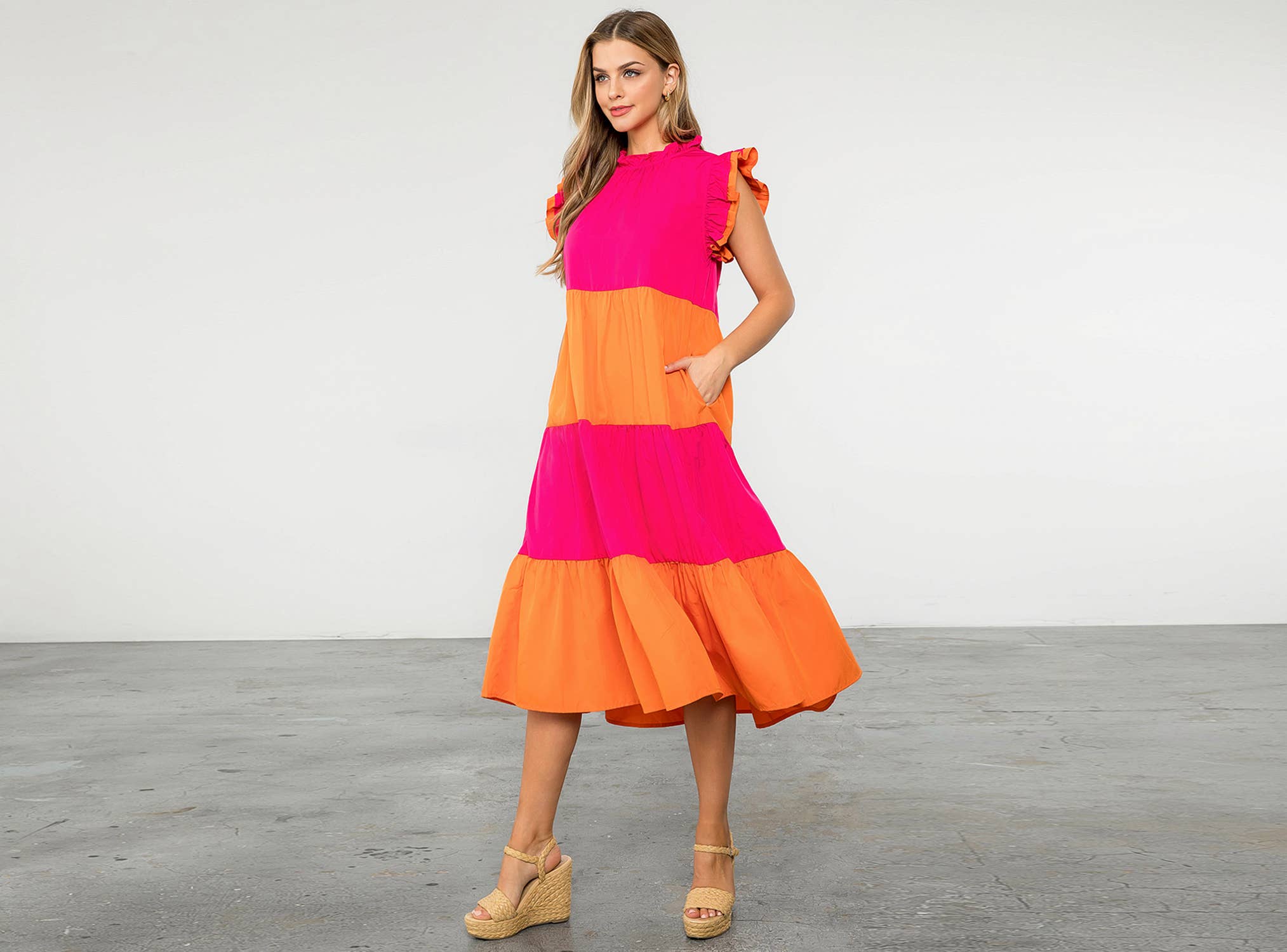 MAGENTA Färgblockerad Midiklänning i Poplin för wholesale på Faire1