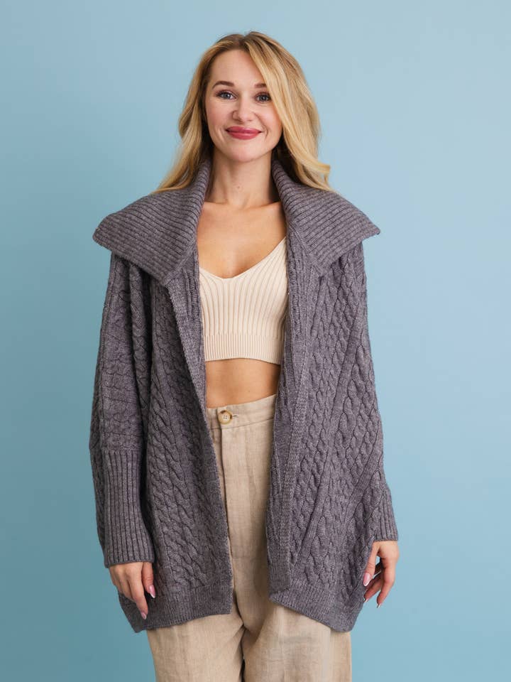 Leto Accessories - Wholesale Cardigan - Women's - Chunky Cable Knit Oversized Poncho Cardigan2