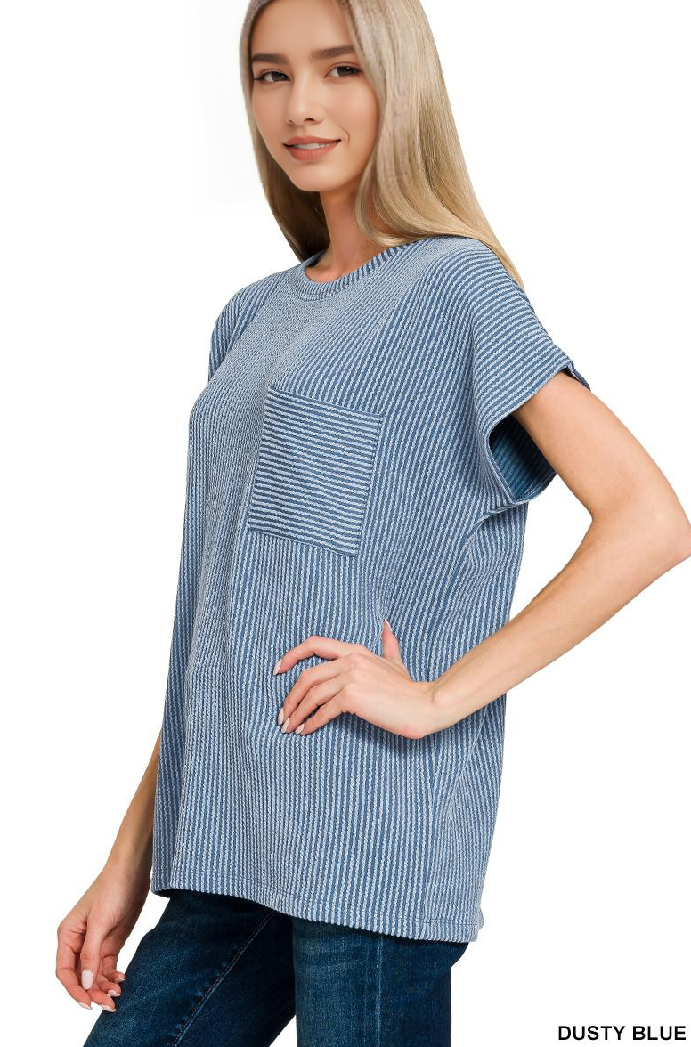 42POPS - Wholesale Knit Top - Women's - ....0902 Raised Rib Front Pocket Boxy Top SI-287135