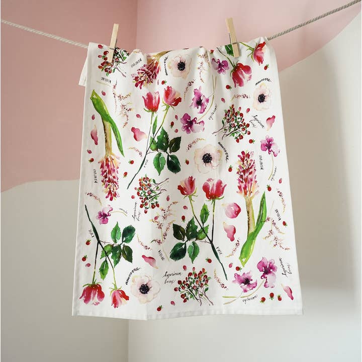 Jean Choe Art & Design - Wholesale Tea Towel - Botanical Rainbow (Red) Kitchen Tea Towel. Floral Tea Towel.2