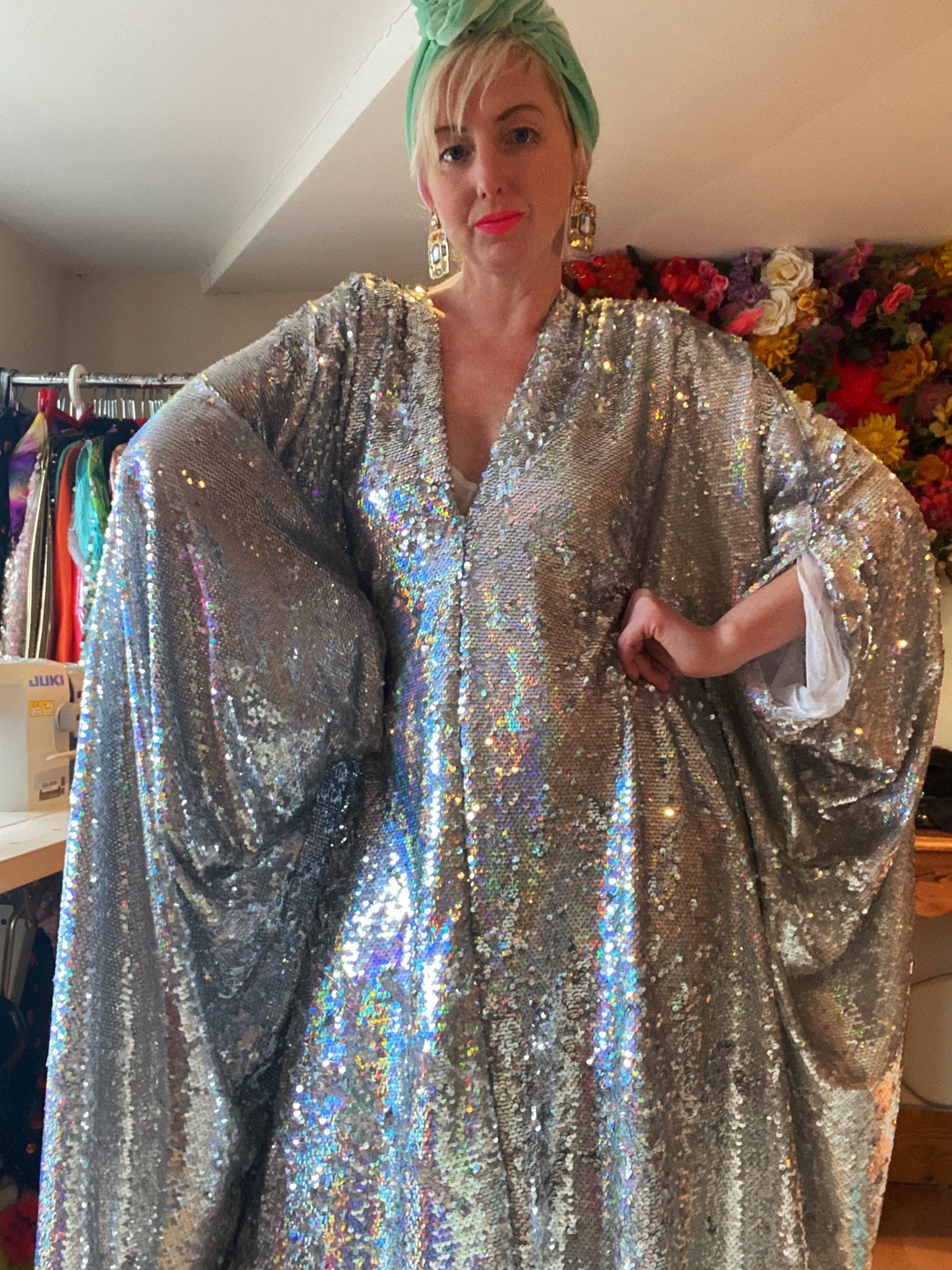 Fumbalinas – wholesale Kaftan – Women's – Silver Metallic Holographic/  Sequin Kaftan Gown / Dress35