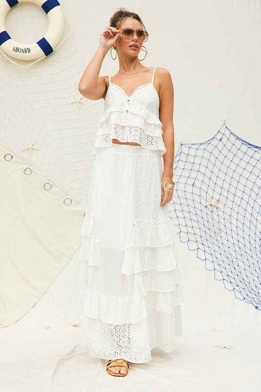 Off White Eyelet Ruffle Maxi Skirt for wholesale on Faire10