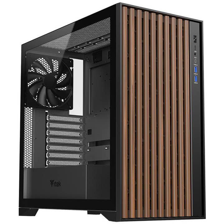 Case WOODY - Gaming Tower- ATX- 3x14cm Black fan- 2xUSB3- Type-C- Wood Front- Temp Glass Side Panel for wholesale by ITEK