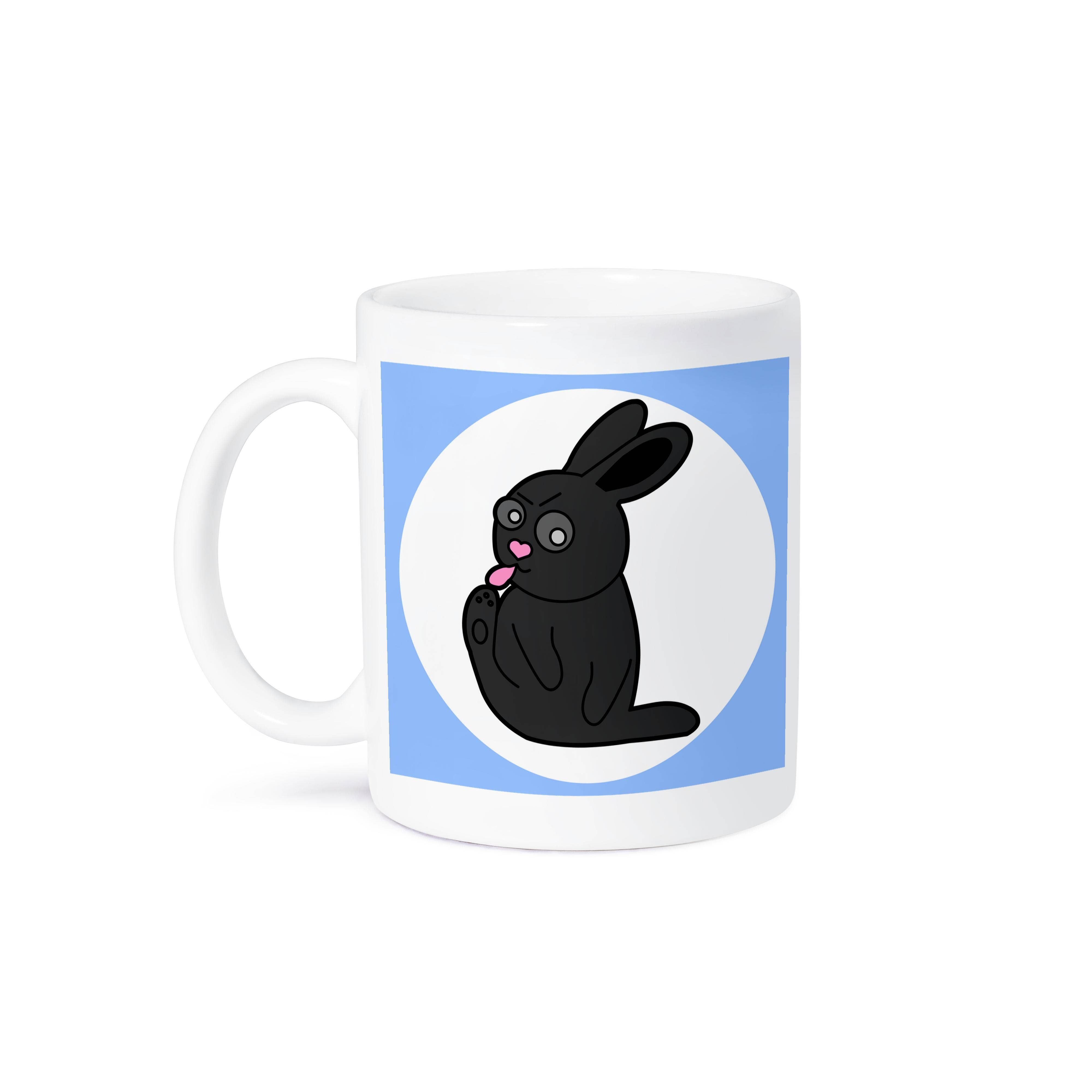 3dRose - Wholesale Coffee Mug - 3dRose, Cute Black Little Rabbit - Grumpy Bunny Cleans His Toes - Blue, Mug8
