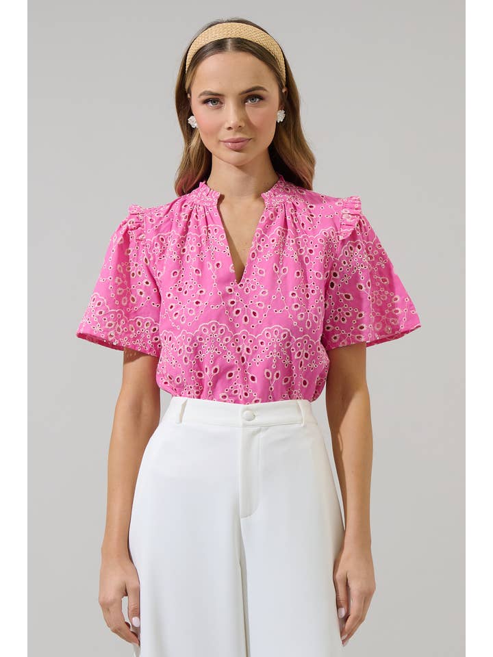 Fuschia Rosie Eyelet Mei Split Neck Top for wholesale on Faire