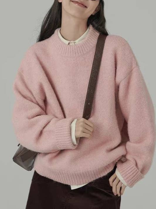 Whisper Mint - Wholesale Knit Sweater - Women's - Chic Oversized Vintage Round Neck Knit Sweater